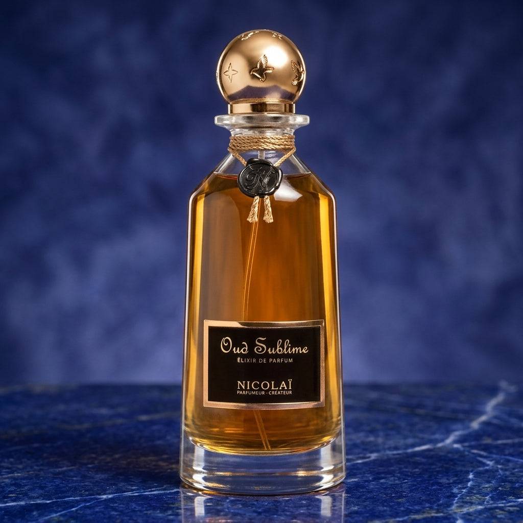 Celestial Gold (Golden-amber liquid with spherical bird-motif cap)